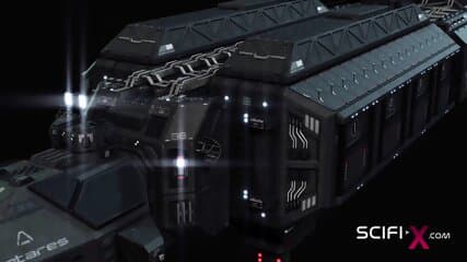 Sex android plays with a sexy busty hottie in restraints in a spacecraft